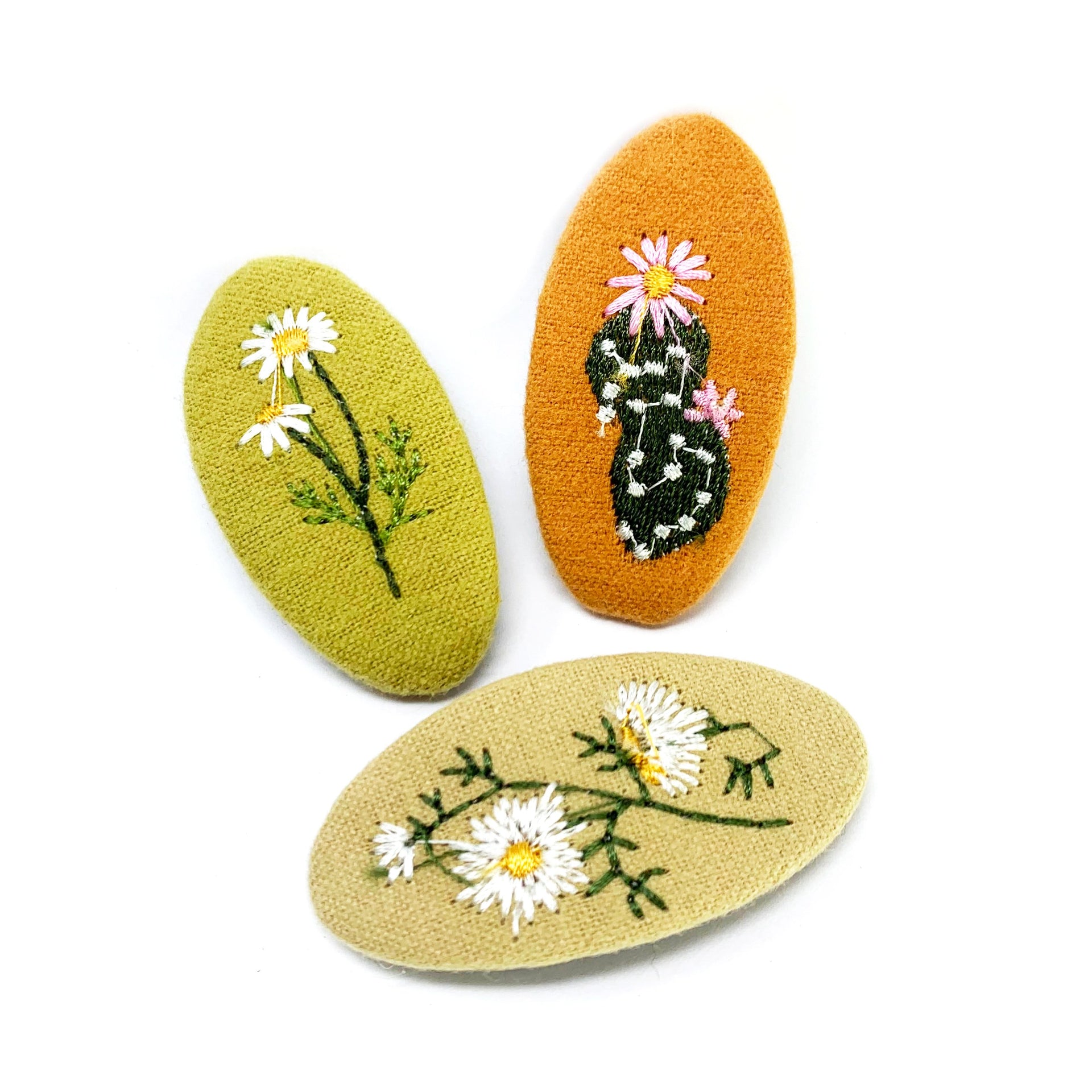 3 Embroidered Fabric Covered Large 5cm Snap Clips - Leaf Print